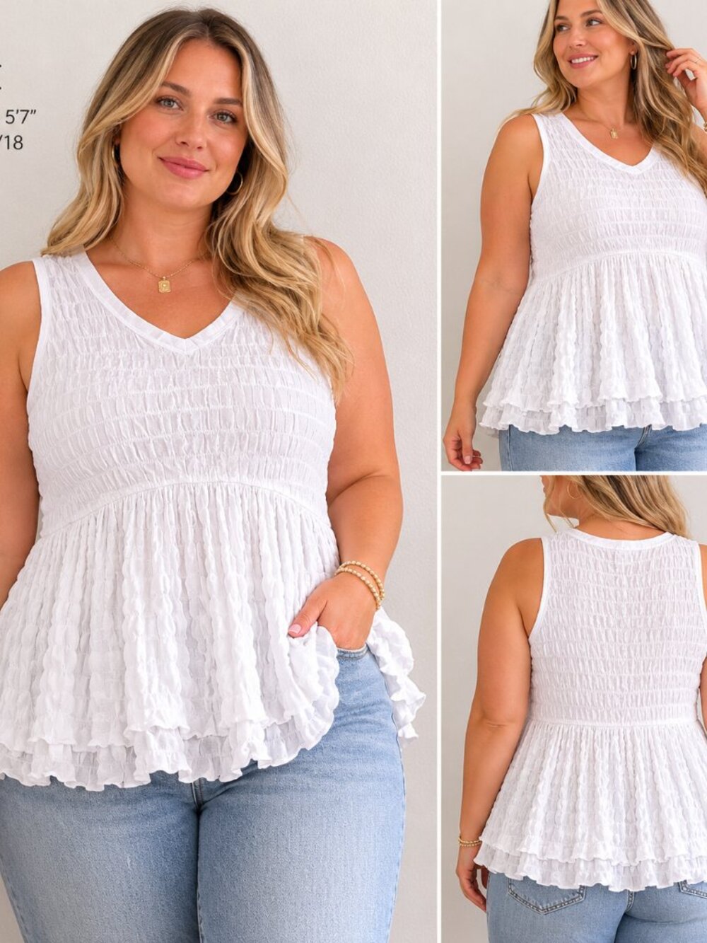 435 - NWOT Cupio White Textured Babydoll Top | Soft Stretchy Flowy Hem XL🤍